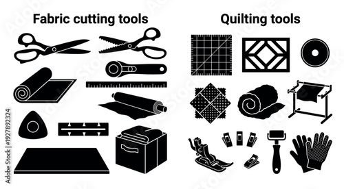 Black silhouette icon set of crafting tools for fabric cutting and quilting, including scissors, rulers, rotary cutters, and sewing machine accessories in a clean glyph style