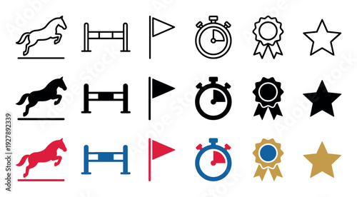 Collection of equestrian sport vector icons for show jumping competition, featuring a horse, fence, flag, stopwatch, prize ribbon, and star in line, glyph, and color styles