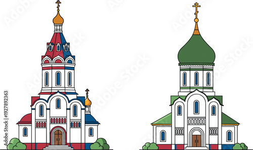 Flat vector illustration of Russian Orthodox Church buildings with colorful domes and traditional architecture isolated on white background for travel and religious design