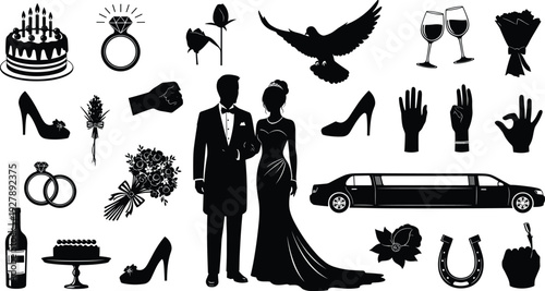 Wedding celebration silhouette icons featuring bride and groom, rings, cake, bouquet, dove, limousine, and romantic symbols, ideal for festive design, cultural art, and stock projects