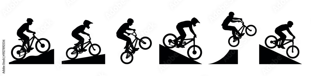 Fototapeta premium Set of six black silhouettes showing a cyclist performing an extreme jump on a bicycle, illustrating the different phases of the trick from approach to landing on a ramp