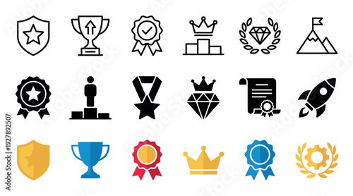 Set of achievement and success icons in line, glyph, and flat color styles, including trophy, medal, crown, rocket, and certificate symbols for business or competition concepts