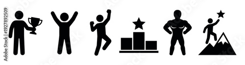 Set of black minimalist icons symbolizing success and achievement, featuring a figure with a trophy, a celebrating person, a winner's podium, and reaching for a star