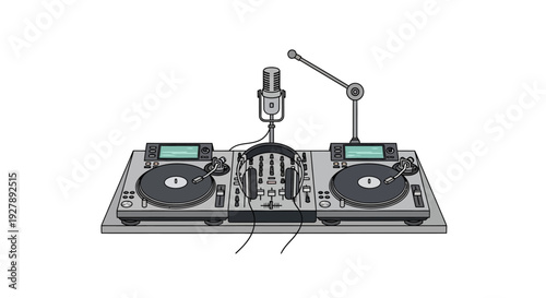 DJ controller with turntables and microphone on white background.