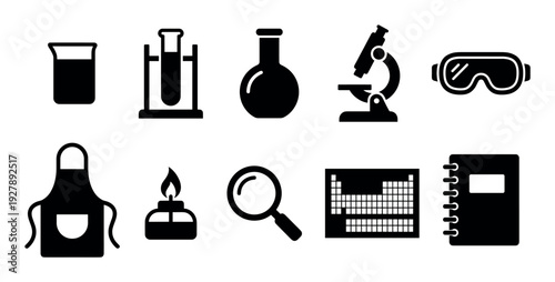 Set of black science laboratory icons featuring a microscope, beaker, flask, test tube, safety goggles, apron, burner, and the periodic table of elements