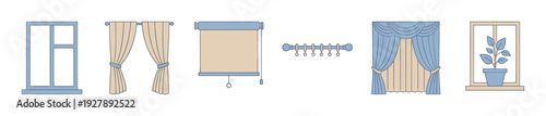 Collection of window and curtain illustrations in a minimalist flat style showing various types of home decor elements like drapes, blinds, rods, and a houseplant
