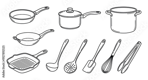 Collection of black and white kitchenware and utensils including a pot, pan, wok, ladle, and whisk in a simple hand-drawn doodle style illustration for cooking concepts