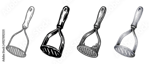 Set of four potato masher illustrations in various artistic styles including line art, silhouette, detailed engraving, and stippling for cooking and food concepts