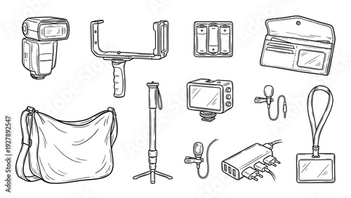Hand-drawn set of photography and vlogging equipment including a flash, stabilizer, microphone, and monitor in a black and white line art illustration style for content creators