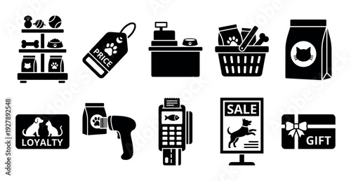 Set of black pet store glyph icons representing shopping for animal supplies, including food, toys, a payment terminal, and a loyalty card in a minimal silhouette style