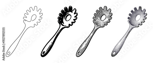 Four spaghetti server kitchen utensil illustrations in different graphic styles including simple line art, bold ink, vintage engraving, and stippling dotwork