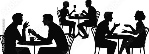 People silhouettes sitting at cafe tables drinking coffee and talking isolated on white background, social meeting conversation and friendship concept illustration
