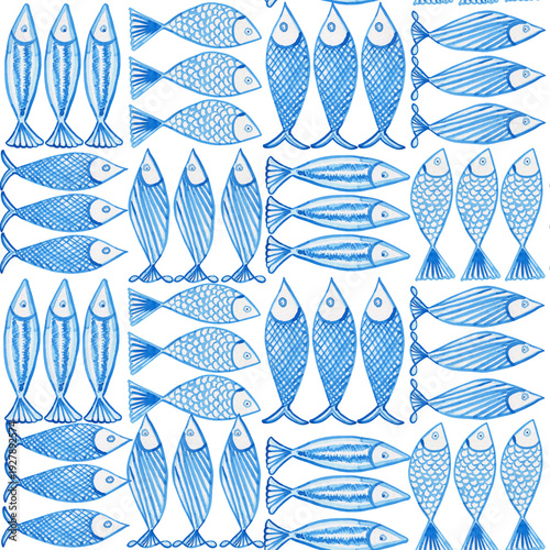 Blue watercolor fish seamless pattern. Abstract hand-drawn sardines endless print for fabric and wallpaper. Mediterranean-style background.