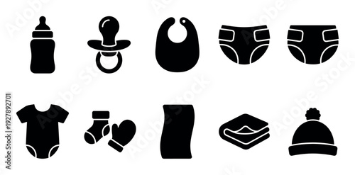 Set of black baby care icons including a bottle, pacifier, bib, diaper, and clothing, presented in a simple minimalist glyph style for newborn and infant themes