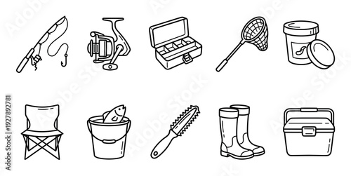 Set of fishing equipment icons in a simple black and white line art style, including a rod, reel, tackle box, net, bait, chair, bucket, scaler, boots, and cooler