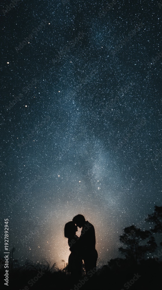 Fototapeta premium Couple embraces under a starry night sky