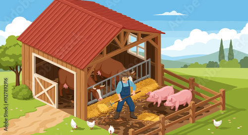 Farmer Feeding Pigs in Barn Yard.
