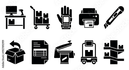 Collection of black glyph icons representing warehouse logistics and supply chain management, including a scanner, dolly, printer, automated robot, and packaging tools
