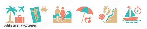 Set of summer vacation travel icons featuring a palm tree, airplane, sunbathing, couple, umbrella, and sailboat in a minimalist flat design with a modern color palette