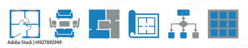 Blue and grey flat vector icon set for architecture and interior design, featuring a floor plan, furniture arrangement, blueprint scroll, flowchart diagram, and window graphic