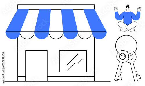 Local business, entrepreneurship, property leasing, mindfulness, startup planning, financial independence. Shopfront with a striped awning, keys and a meditating person. Local business