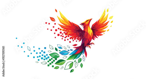 Vibrant Phoenix Bird Illustration with Flying Green Leaves and Colorful Pixel Particles