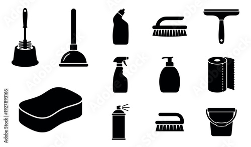 Twelve black silhouette icons of household cleaning tools and products, including a squeegee, toilet brush, paper towels, and detergent bottles in a minimalist vector design