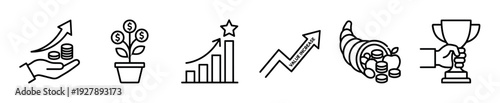 Set of black line art icons representing financial growth, investment success, and business achievement, featuring a money tree, rising chart, trophy, and cornucopia symbols