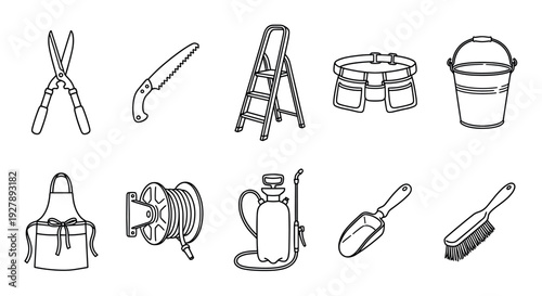 Collection of ten black and white gardening tool icons including a ladder, saw, shears, bucket, and sprayer, illustrated in a clean, minimalist line art vector style