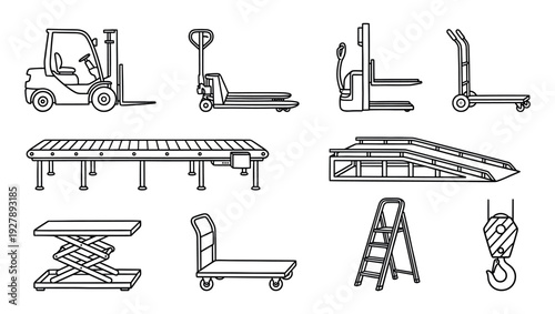 Warehouse and logistics equipment icon set featuring a forklift, pallet jack, conveyor belt, and crane hook in a clean black and white line art illustration style