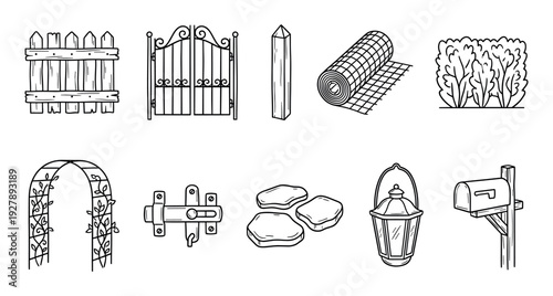 Set of hand-drawn garden and fence icons including a gate, arch, lantern, mailbox, and hedge in a simple black and white doodle style for landscaping and outdoor design