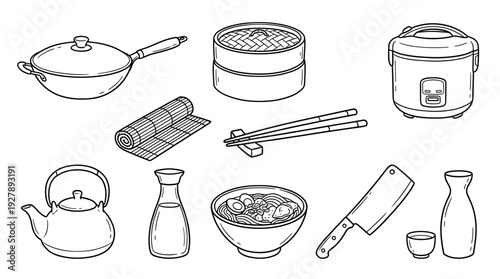 Collection of Asian cuisine cooking equipment and food items in a hand-drawn line art style, including a wok, steamer, ramen bowl, chopsticks, and teapot for traditional meals