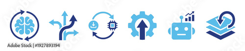Blue artificial intelligence icon set for technology concepts like machine learning, data processing, automation, growth, and algorithmic choice, presented in a clean flat style