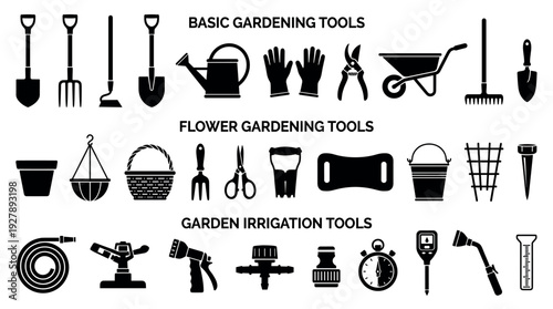 Large set of black gardening tool icons including basic, flower, and irrigation equipment like a shovel, watering can, hose, and sprinkler presented as a collection