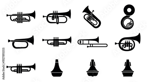 Collection of black brass instrument silhouettes including trumpet, tuba, trombone, and sousaphone, presented as a minimalist graphic icon set for musical concepts