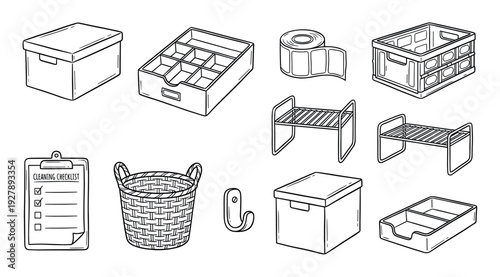Hand-drawn black and white set of household organization items including storage boxes, drawer dividers, a basket, a crate, and a cleaning checklist in a simple doodle illustration style