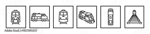Set of six minimalist train icons rendered in a clean black and white line art style, showcasing various locomotives and railway transport from multiple perspectives