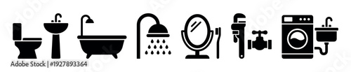 Set of black bathroom and plumbing icons showing a toilet, sink, bathtub, shower, mirror, wrench, valve, and washing machine in a simple graphic silhouette style