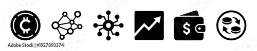 Collection of six black glyph icons for finance and technology concepts including cryptocurrency, blockchain, decentralized networks, financial growth, digital wallets, and money exchange