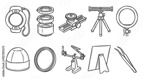 Collection of black and white line art illustrations of macro photography equipment including a ring flash, tripod, extension tubes, and tweezers for detailed creative work