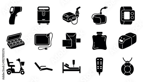 Set of black glyph icons representing medical equipment for home care, including a thermometer, nebulizer, mobility scooter, and adjustable bed for patient support and monitoring