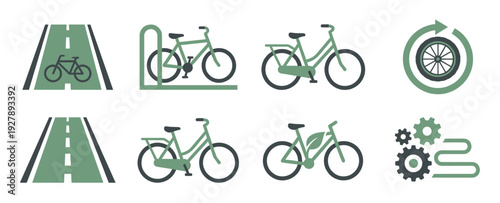 Set of bicycle themed vector icons showing a bike lane, parking rack, eco-friendly transport, and mechanical gears for sustainable urban mobility and healthy lifestyle concepts