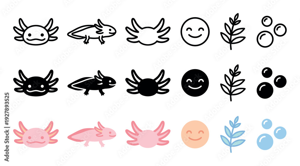 Obraz premium Set of cute axolotl salamander icons with aquatic elements like plants and bubbles, shown as simple line art, solid black silhouettes, and flat pastel color illustrations
