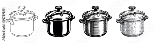 Set of four pressure cooker illustrations in various artistic styles, including line art, high contrast graphic, vintage engraving, and stippling dotwork