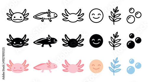 Set of cute axolotl salamander icons with aquatic elements like plants and bubbles, shown as simple line art, solid black silhouettes, and flat pastel color illustrations