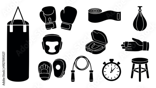 Black silhouette icon set of boxing equipment features gloves, a punching bag, headgear, and a mouthguard for combat sports training in a clean graphic vector style