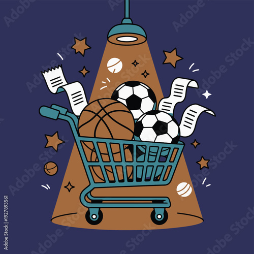 Shopping cart overloaded with sports balls sits under a focused.