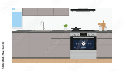 Modern kitchen with sleek gray cabinets and appliances