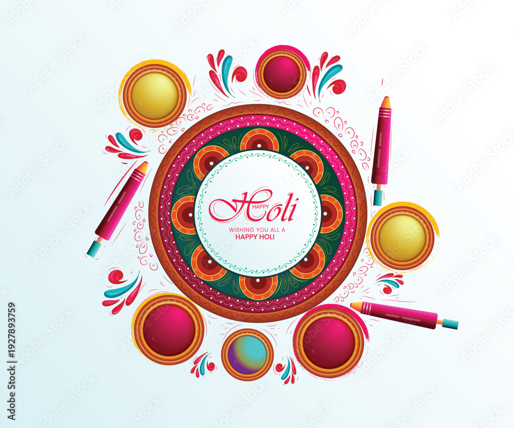 Obraz premium Colorful Holi Festival Rangoli Design with Pichkari and Gulal Bowls