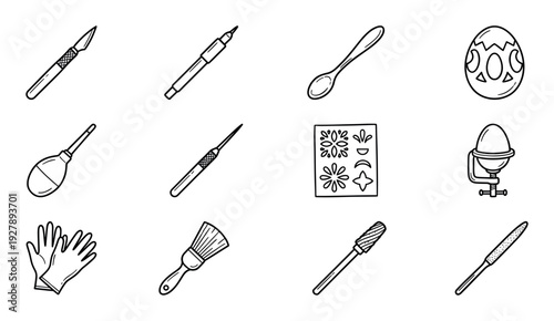 Various egg decorating tools and supplies are depicted in a clean, illustrative line art style, showcasing essential items for creative Easter egg design and detailed craft work